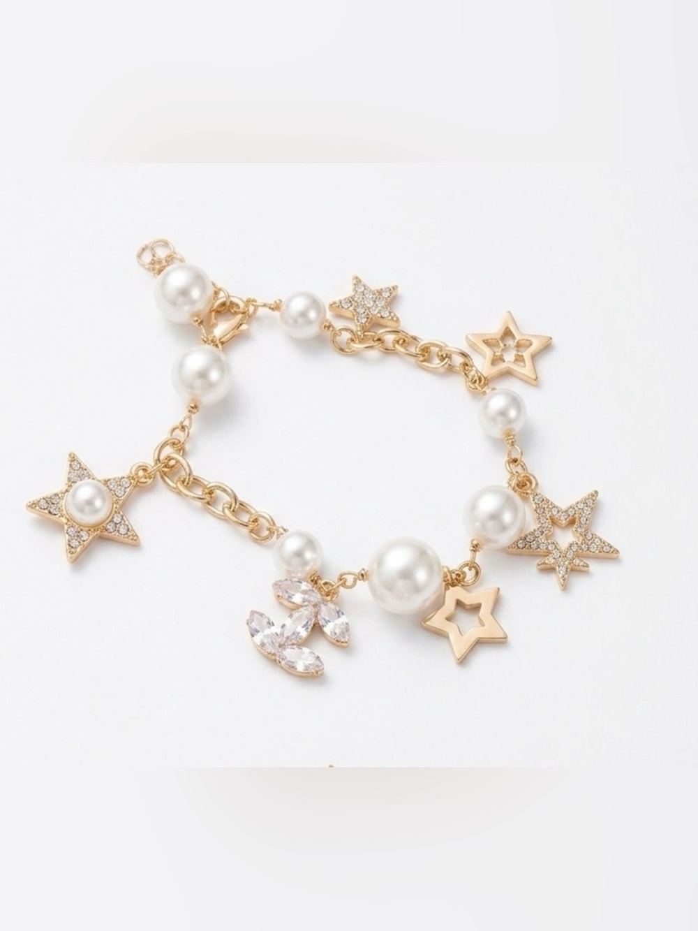Gold Pearl Crystal Star Charm Bracelet